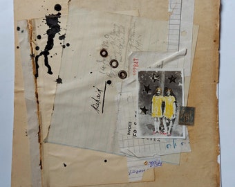 Mixed media collage, Handmade, Vintage papers, Found photo, Mount board, 25.4cm height