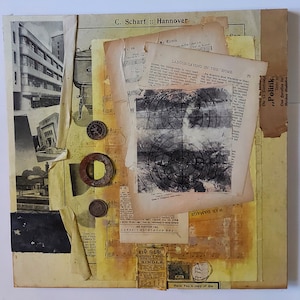 Original collage art, Handmade, Vintage papers, Cradled wood, Mixed media