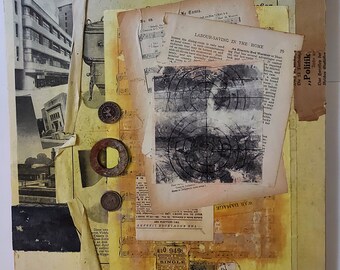 Original collage art, Handmade, Vintage papers, Cradled wood, Mixed media