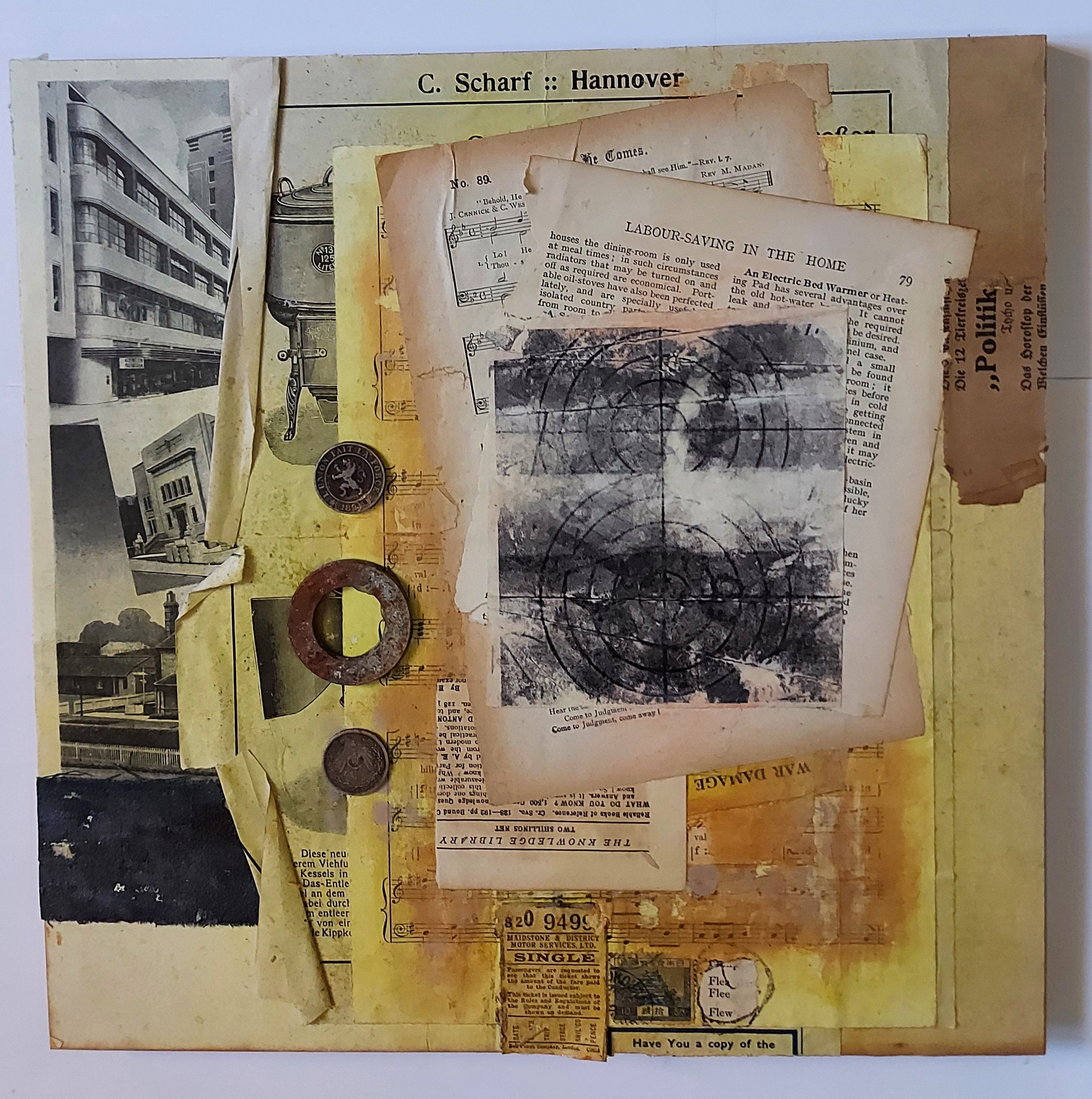 Original collage art, Handmade, Vintage papers, Cradled wood, Mixed media