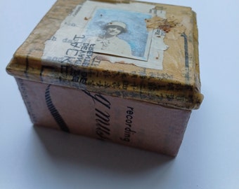 Collaged wooden box, Altered art, Assemblage, 8.2 x 6.7 x 5.5cm