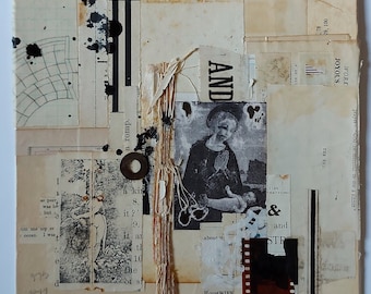 Original collage art, Handmade, Retro style, Vintage papers, Mountboard