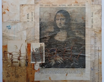 Collage originale realizzato a mano, 30,5 cm x 30,5 cm, pannello di tela, carte vintage.