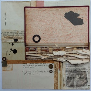 Collage fatto a mano, Carte vintage, Tecnica mista, Pannello di tela, 30,5 cm quadrato
