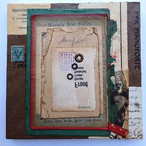Arte de collage original, hecho a mano, técnica mixta, papeles vintage, cuadrado de 20 cm