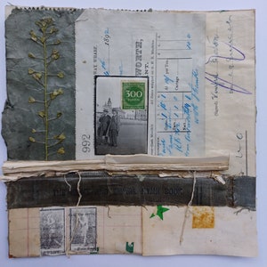 Collage original hecho a mano, técnica mixta, papeles vintage, cuadrados de 20 cm