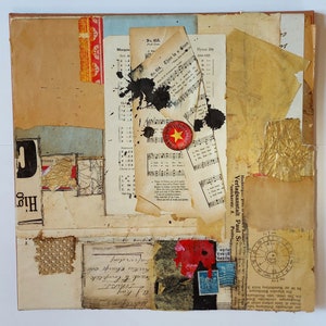 Collage originale fatto a mano in stile retrò, tecnica mista, carte vintage ed effimeri, tela cullata