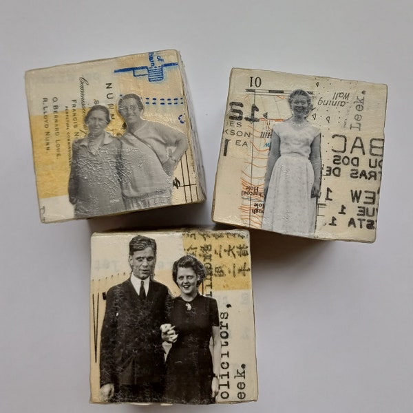 Collage art cubes, Collaged wooden blocks, Vintage papers, Found photos