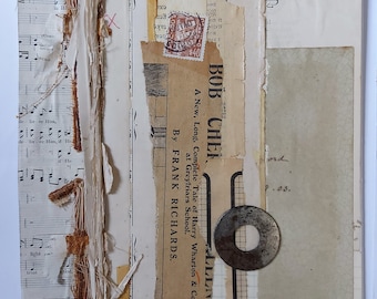 Puede incluir: Un collage de recortes de papel con una arandela de metal, un sello y texto que dice "BOB CHEF, A New, Long, Complete Tale of Harry Wharton & Co. By FRANK RICHARDS. at Greyfriars School."