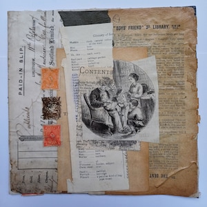 Arte collage originale fatta a mano, Tecnica mista, Carte vintage, 20 cm quadrati