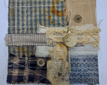 Arte de collage textil, Hecho a mano, Arte original, Cuadrado de 20 cm