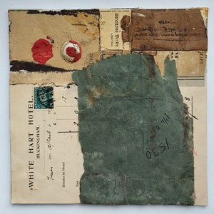 Collage originale fatto a mano, tecnica mista, carte vintage, stile retrò, pannello di tela