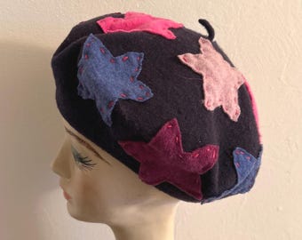 Wool Beret with Star Appliqués - Upcycled Cashmere