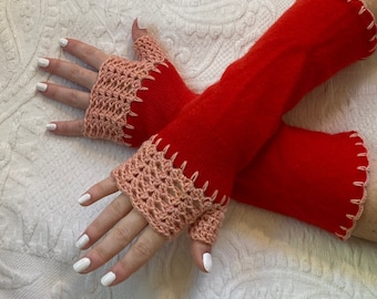 red fingerless gloves . funky cashmere fingerless gloves . red gloves .  arm warmers . texting gloves. folk gloves