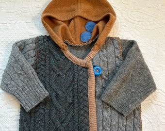 Unisex Toddler fisherman hoodie  . made from repurposed wool sweaters . upcycled clothing  2-3 toddler . toddler cardigan OOAK
