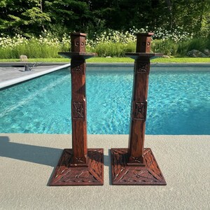 Large 1915 Antique Arts & Crafts Candlesticks, Mission Tiger Oak 15 in, Art Deco Mission Oak, Tiger Grain Oak Candlesticks, Rare 1900s Pair