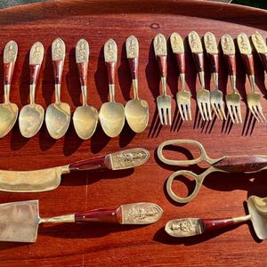 Vintage Rosewood Brass Flatware Set, Dessert Set, Siam 1930s, Pink Velvet Case, Bronze Rivets, 20 Pc Set, Serving Pieces Dessert Set, SIAM