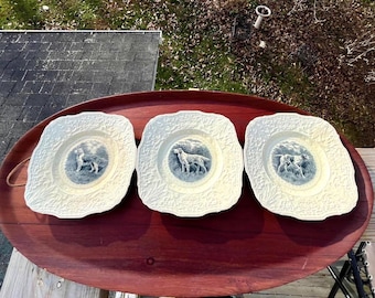 3 Antique Staffordshire Plates Hunting Dog Plates Spring Spaniel Setter Pointer, Royal Cauldon, Stoke on Trent, Ridgewood Series, Sport Dogs