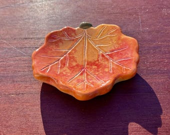 Lovely Leaf Dish, An Orange Pumpkin Leaf from Fall, Hand Painted and Hand Glazed Earthenware Ceramic Tea Bag Holder, Berkshires MA pottery