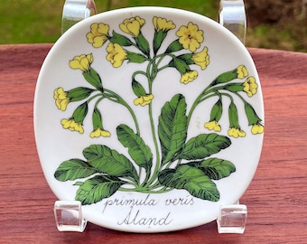 May include: A small white ceramic plate featuring a botanical illustration of yellow primula veris flowers with green leaves. The text "primula veris" and "Åland" is printed in black cursive script at the bottom of the plate, which is held by a clear stand.
