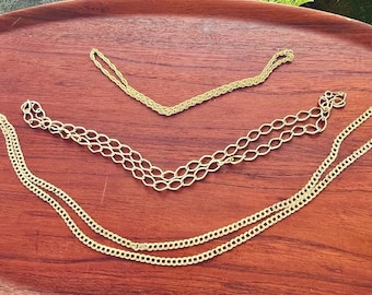 Three Vtg Gold Multi Stand necklaces for the Layered Look, Set of 3 Varying Link and Rope Gold Chains, Large and Medium Links and Rope Chain