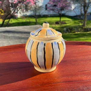 Wagner Studio Pottery Handmade Lidded Jar, Pot with Lid, Storage Jar, Yellow Blue Black, Signed Wagner Piece, 1980s Wagner, Hand Painted