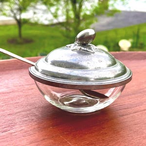 Antique Glass and Pewter Jam Condiment Relish Preserve Server, Sugar Bowl, Glass base, silver spoon, Plum top with Leaves, Condiment, Relish