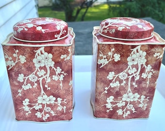 Vintage English Tea Tins, Set of 2, Red and white Cherry Blossom, VTG Daher Tins, Cherry Blossoms and branches, Made in England, 1980, DAHER