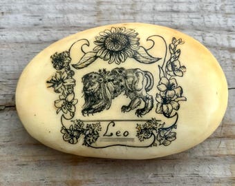 Hand Made LEO Zodiac Paperweight, Astrology Sign Leo, Polished Rock with Artful Lion and Sunflower, Christopher Paul Studio Astrology