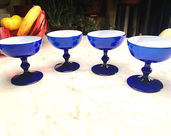 Carlo Moretti Cobalt Blue Cased Coupe Champagne Glasses, Blue Cased Glass, White interior, Set 4, Cocktail Glasses, Blue cased 1960s Vtg