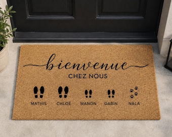 Paillasson Personnalisé Famille avec Prénoms et Empreintes | Cadeau Maison | Tapis d’Entrée Coco Personnalisé