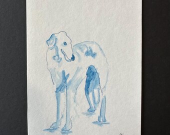 Vinthund, tittande. Originalkonstverk. 10 x 15 cm, blått bläck och blyerts.