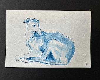 Sighthound, resting. Original Artwork. 10x15cm, blue ink and pencil.