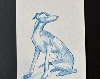 Vinthund, sittande 2. Originalkonstverk. 10 x 15 cm, blått bläck och blyerts.