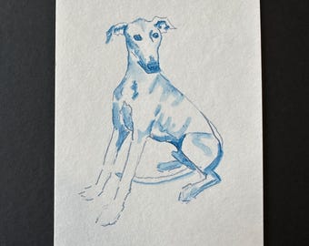 Sittande vinthund 1. Originalkonstverk. 10 x 15 cm, blått bläck och blyerts.