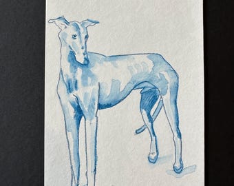 Originalteckning av vinthund, konstverk av blått bläck och blyerts (10 x 15 cm)