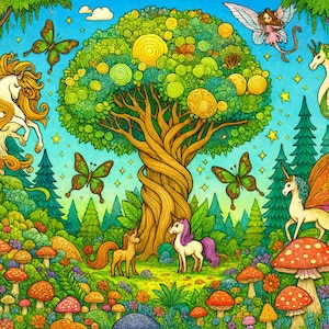 Forest Fantasy Printable Coloring Pages for Adults - Relaxing Stress Relief Coloring Sheets - Instant Download PNG