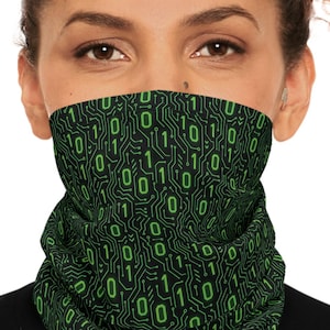 Binary Code Pattern Winter Neck Gaiter | Green 0s and 1s Tech Print