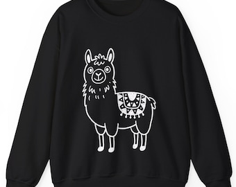 White Llama Baby On a Black Crewneck Sweatshirt | Hand-Drawn Alpaca Illustration