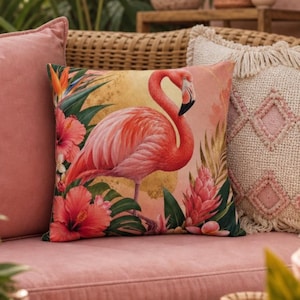 Outdoor Pillow With Pink Flamingo, Sun Resistant Tropical Cushion For Patio And Porch