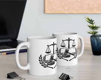 Law Emblem Scales and Gavel Mug | Ceramic Coffee Cup