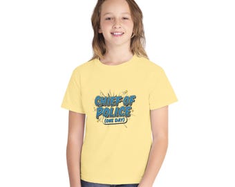 Chief of Police (One Day) Youth Tee, Kids Police Roleplay Shirt | Playful Comic Style