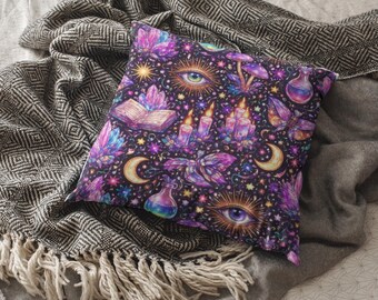 pillow dark academia for decoration with moon, book, candle, mushroom and crystal