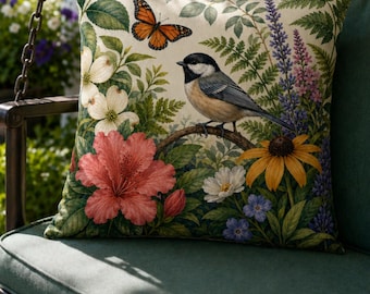 Cojín floral de pájaros y mariposas resistente al sol para exteriores — Cojín impermeable para columpio de porche