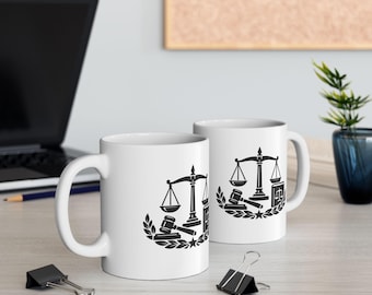 Scales of Justice Lawyer Mug | Legal Gavel and Law Book Ceramic Mug