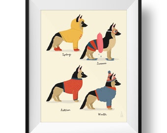 Fine Art Dog Print - Seasonal German Shepherd Illustration • Cute Dog Art • Spring, Summer, Autumn, Winter • Kids Room • Nursery Print