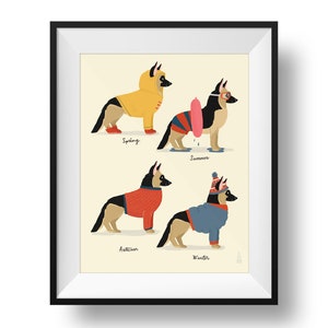 Fine Art Dog Print - Seasonal German Shepherd Illustration • Cute Dog Art • Spring, Summer, Autumn, Winter • Kids Room • Nursery Print
