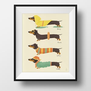 Fine Art Dog Print Seasonal Dachshund Illustration Cute Doxie Nursery Print Kids Room Spring, Summer, Autumn, Winter image 1