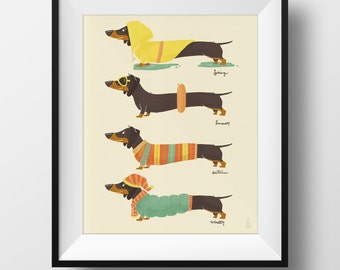 Fine Art Dog Print - Seasonal Dachshund Illustration • Cute Doxie Nursery Print • Kids Room • Spring, Summer, Autumn, Winter