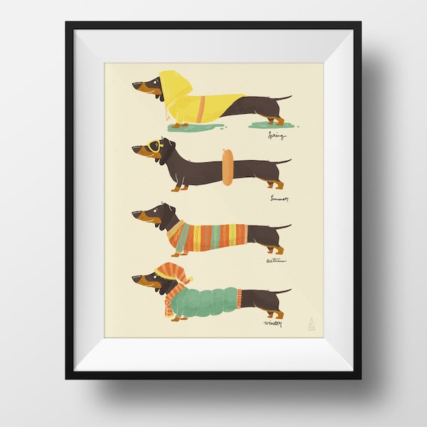 Fine Art Dog Print - Seasonal Dachshund Illustration • Cute Doxie Nursery Print • Kids Room • Spring, Summer, Autumn, Winter